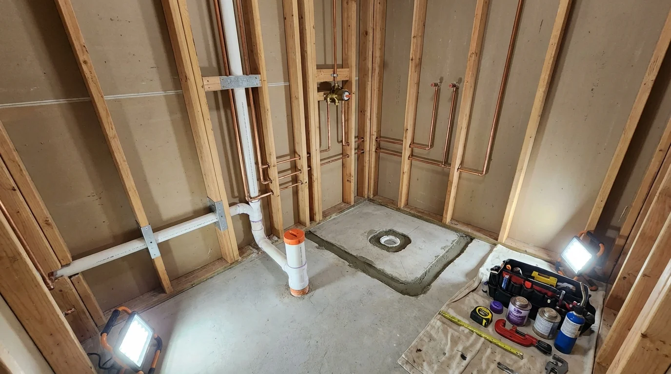 Bathroom rough-in plumbing during remodel by Johns Plumbing LLC in Middlebourne
