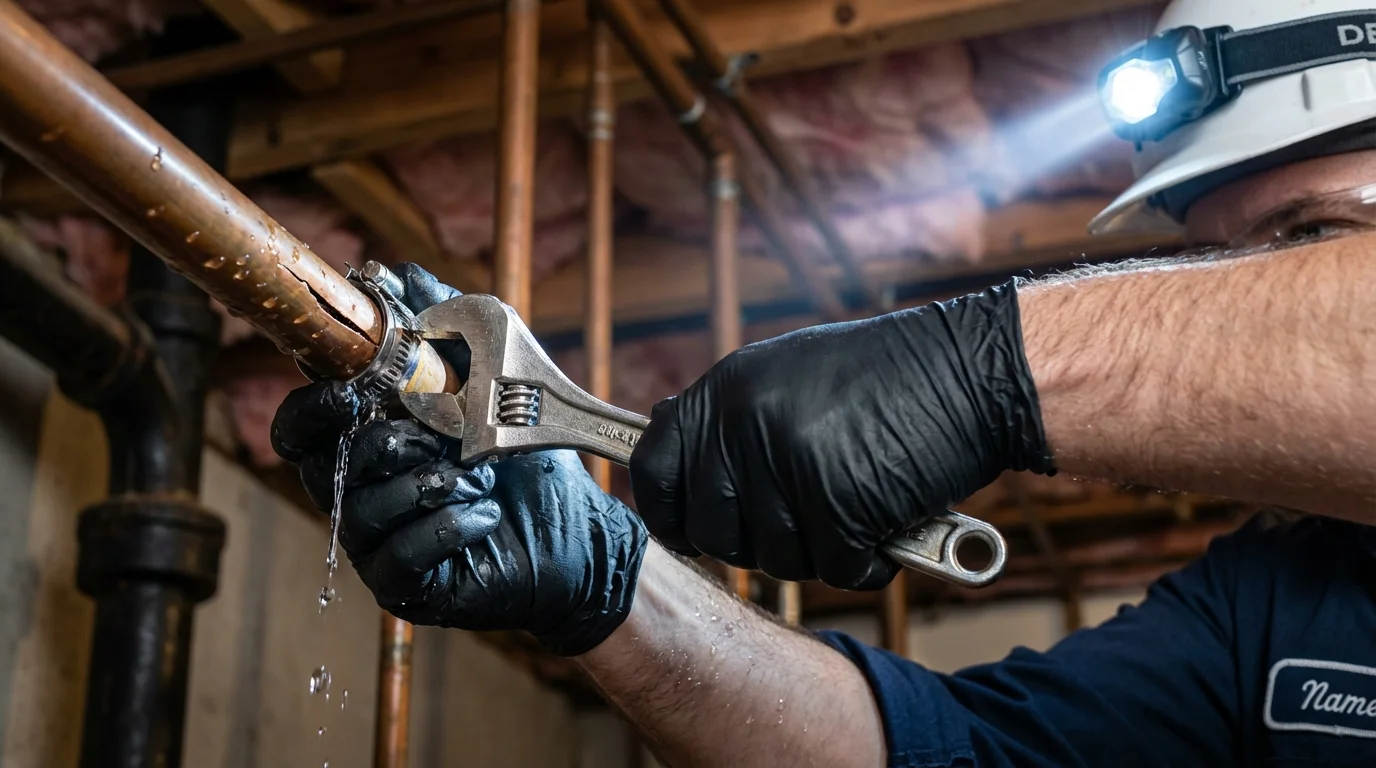 Emergency pipe clamp repair being performed by a Johns Plumbing LLC plumber in Middlebourne