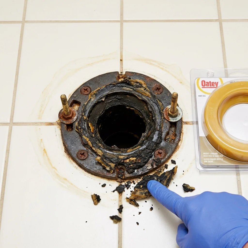 Failed wax ring showing water seepage at the base of a toilet in a Middlebourne, WV home