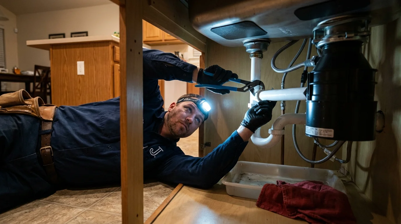 P-trap and supply line connections under a kitchen sink showing a common leak point in Middlebourne, WV